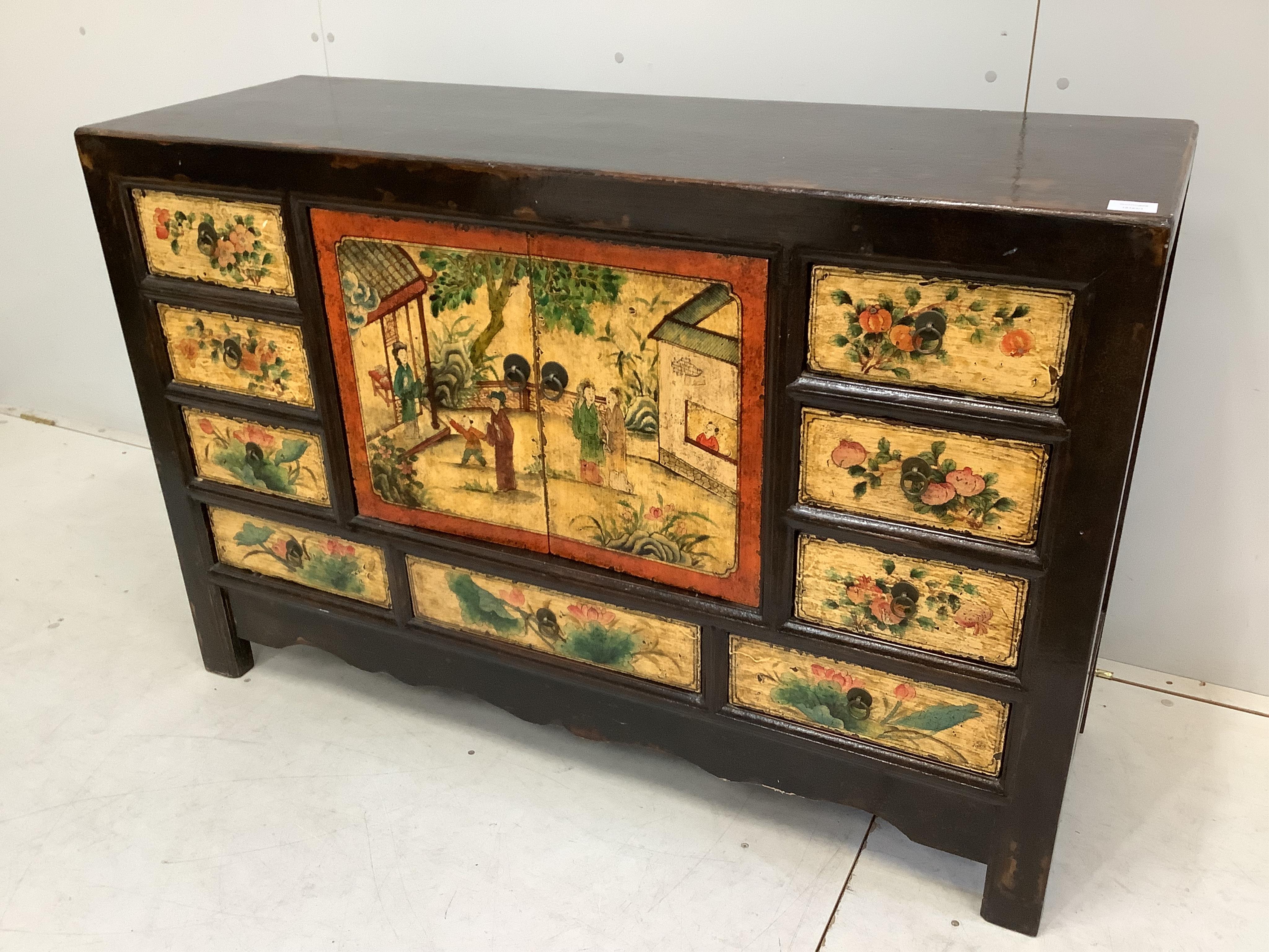 A small Chinese painted sideboard, width 132cm, depth 44cm, height 87cm